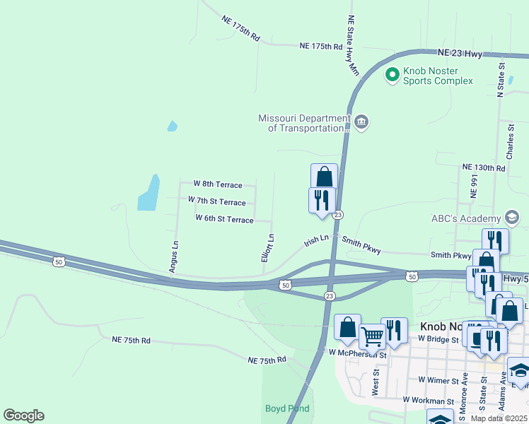 map of restaurants, bars, coffee shops, grocery stores, and more near 605 Elliott Lane in Knob Noster