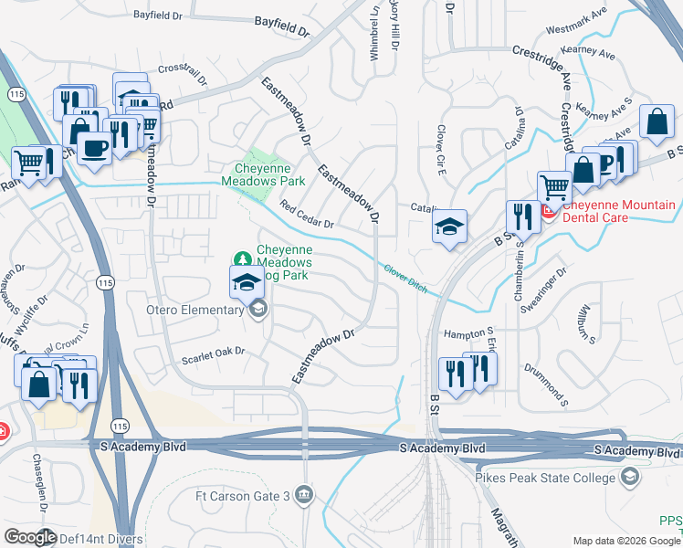 map of restaurants, bars, coffee shops, grocery stores, and more near 1428 Grass Valley Drive in Colorado Springs