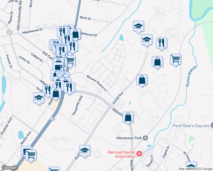 map of restaurants, bars, coffee shops, grocery stores, and more near 8188 Rainwater Circle in Manassas