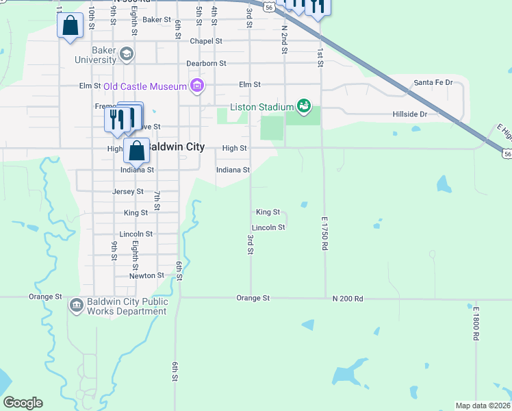 map of restaurants, bars, coffee shops, grocery stores, and more near 226 King St in Baldwin City
