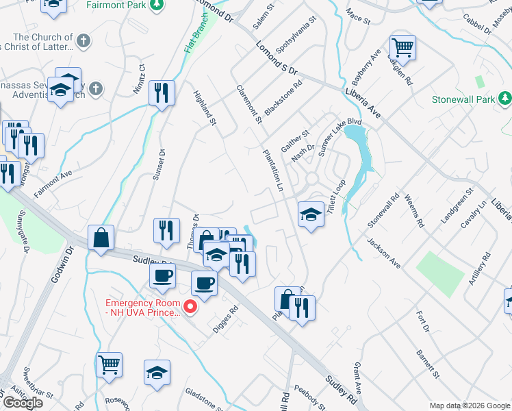map of restaurants, bars, coffee shops, grocery stores, and more near 8331 Georgian Court in Manassas