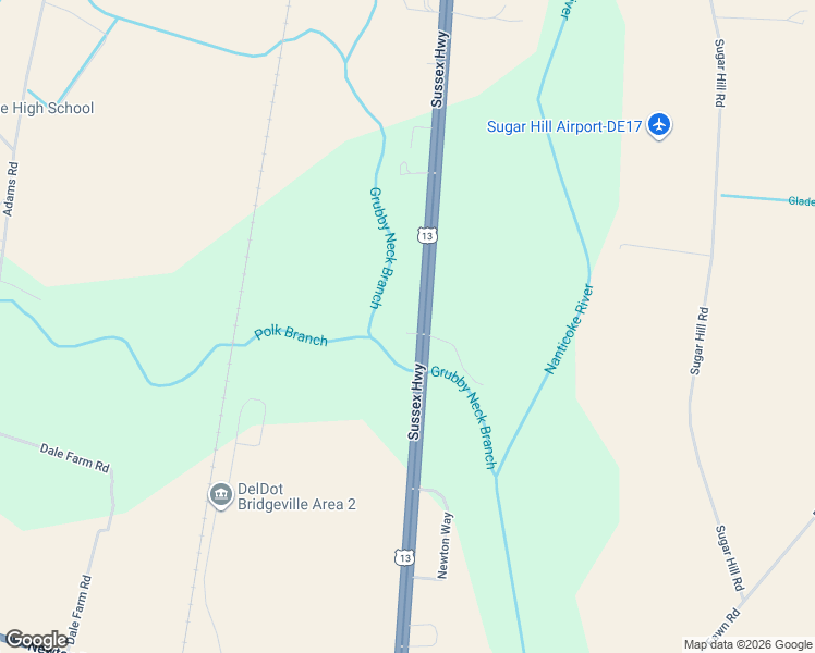 map of restaurants, bars, coffee shops, grocery stores, and more near 14910 Sussex Highway in Bridgeville