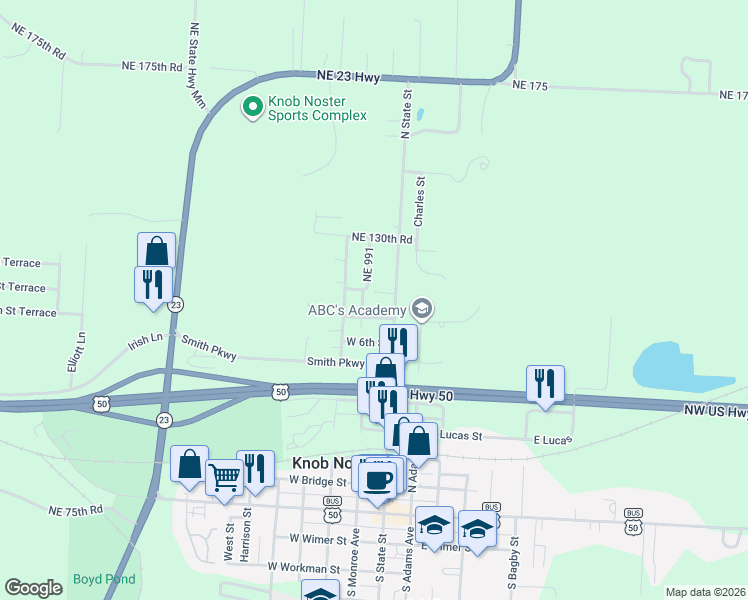 map of restaurants, bars, coffee shops, grocery stores, and more near 101 8th Street in Knob Noster