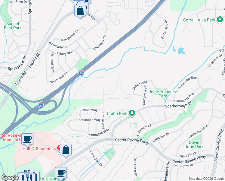 map of restaurants, bars, coffee shops, grocery stores, and more near 3812 Calverhall Way in Rocklin