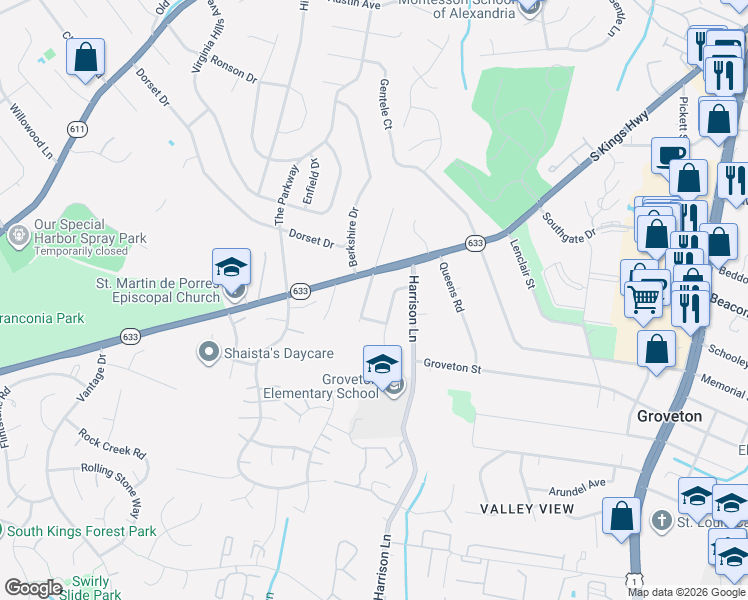 map of restaurants, bars, coffee shops, grocery stores, and more near 6709 Benson Drive in Alexandria