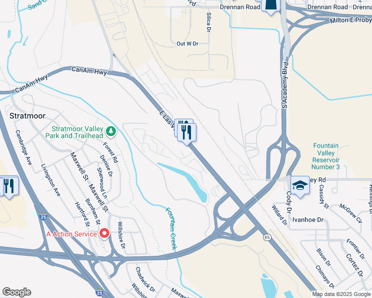 map of restaurants, bars, coffee shops, grocery stores, and more near 4140 South U.S. Highway 85 87 in Colorado Springs