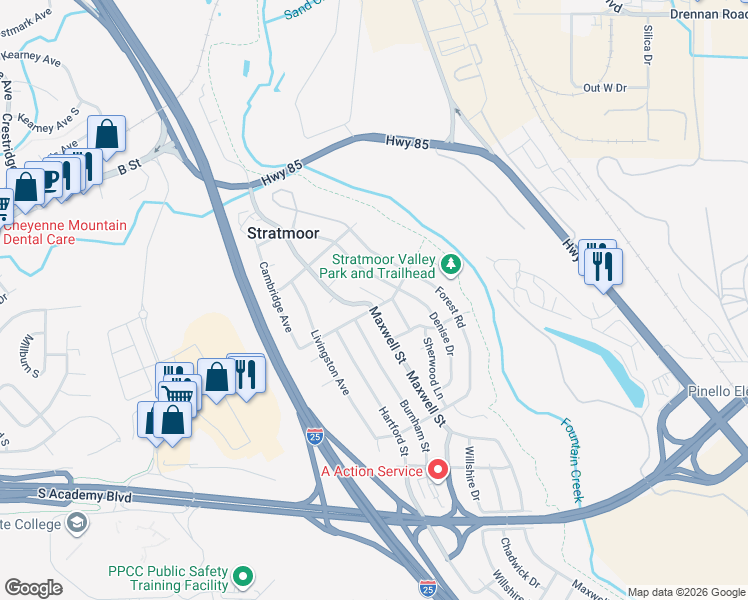 map of restaurants, bars, coffee shops, grocery stores, and more near 1140 Valley Manor Court in Colorado Springs