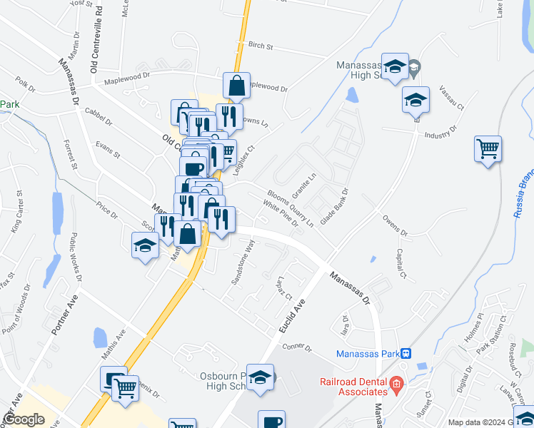 map of restaurants, bars, coffee shops, grocery stores, and more near 8318 Sunnyside Court in Manassas Park