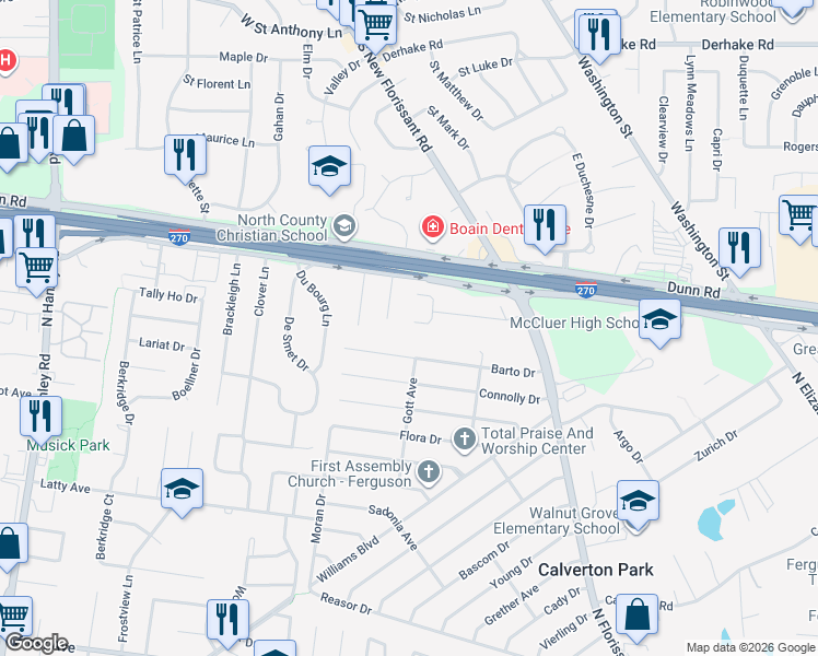 map of restaurants, bars, coffee shops, grocery stores, and more near 38 Jean Drive in Florissant