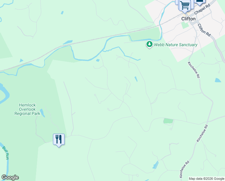 map of restaurants, bars, coffee shops, grocery stores, and more near 7517 Evans Ford Road in Clifton