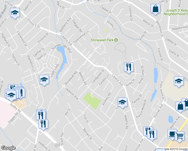 map of restaurants, bars, coffee shops, grocery stores, and more near 9194 Laurelwood Court in Manassas