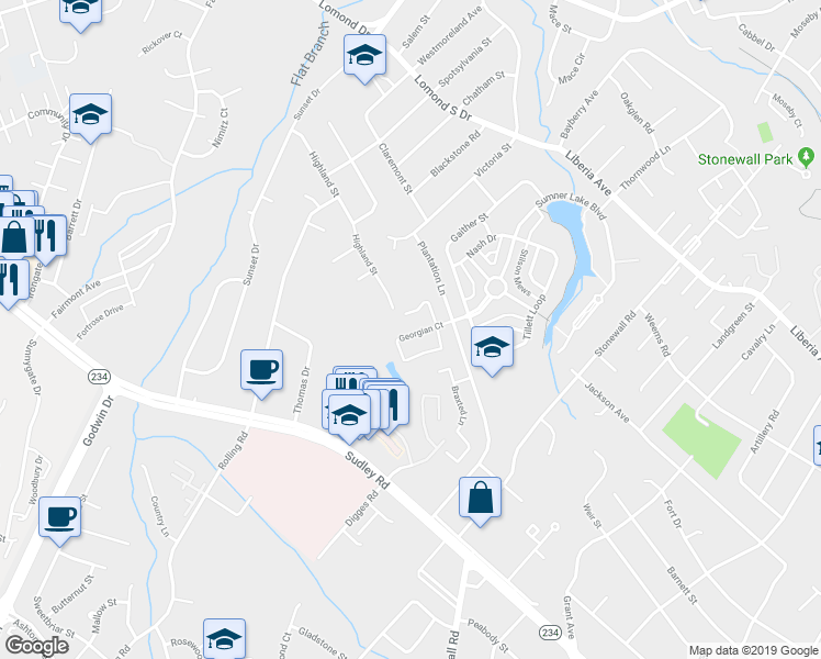 map of restaurants, bars, coffee shops, grocery stores, and more near 8325 Georgian Court in Manassas