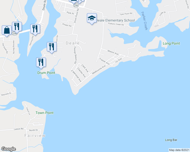 map of restaurants, bars, coffee shops, grocery stores, and more near 6051 Melbourne Avenue in Deale