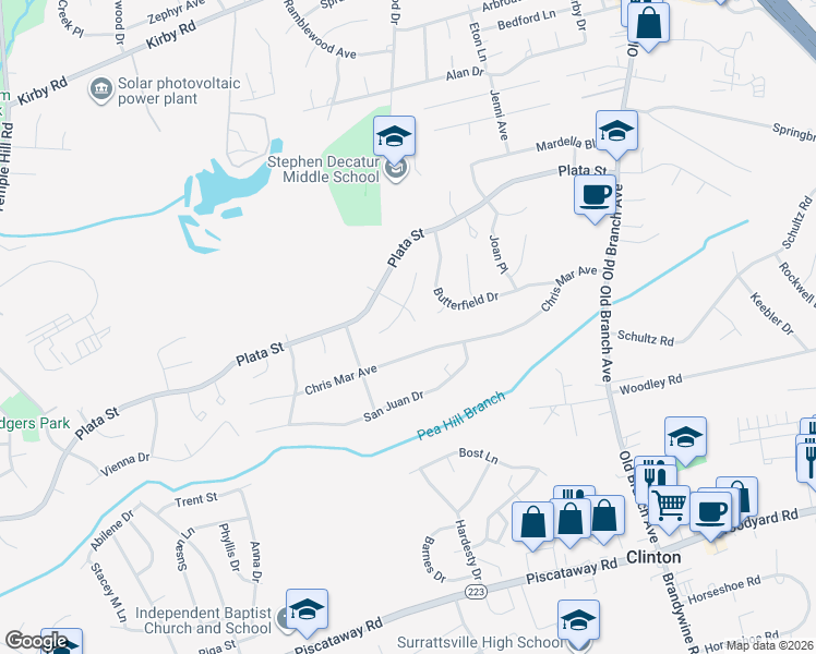 map of restaurants, bars, coffee shops, grocery stores, and more near 8611 Reno Court in Clinton