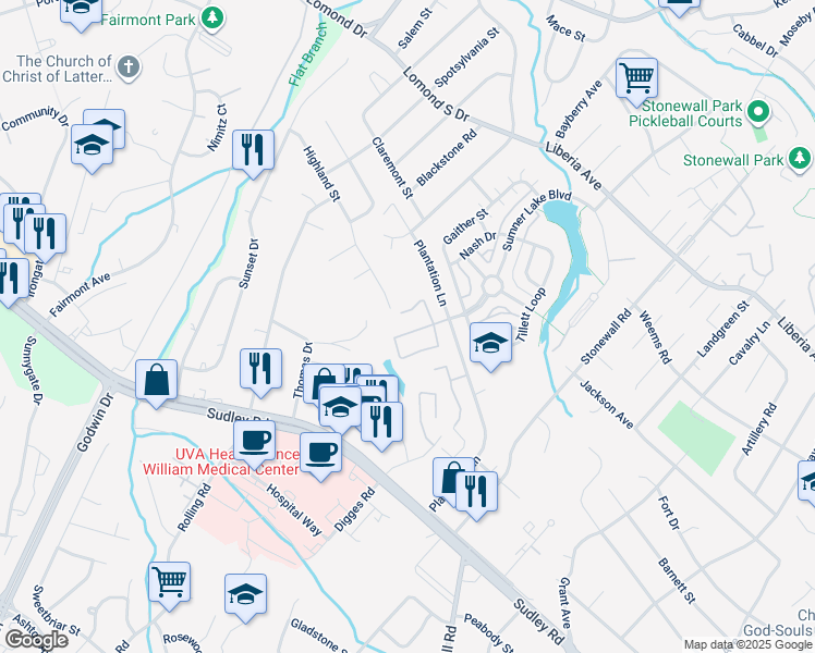 map of restaurants, bars, coffee shops, grocery stores, and more near 8325 Georgian Court in Manassas