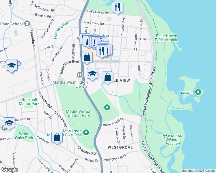 map of restaurants, bars, coffee shops, grocery stores, and more near 6641 Wakefield Drive in Alexandria
