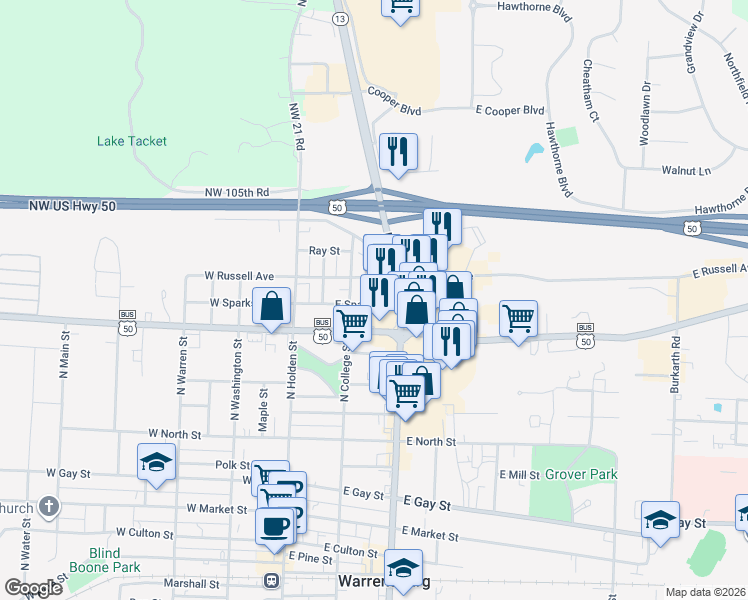 map of restaurants, bars, coffee shops, grocery stores, and more near 211 East Sparks Street in Warrensburg