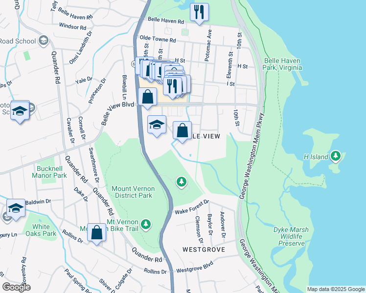 map of restaurants, bars, coffee shops, grocery stores, and more near 6641 Wakefield Drive in Alexandria