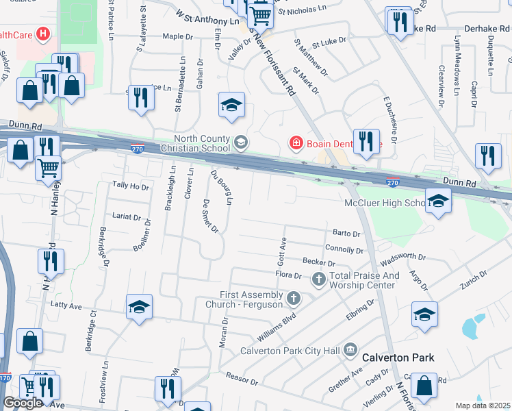 map of restaurants, bars, coffee shops, grocery stores, and more near 160 Chateau Drive in Florissant