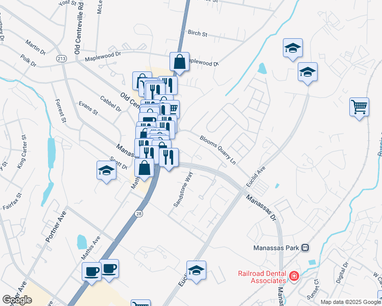 map of restaurants, bars, coffee shops, grocery stores, and more near 8468 Sandstone Way in Manassas Park