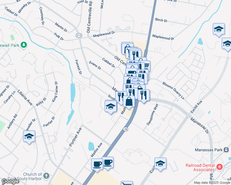 map of restaurants, bars, coffee shops, grocery stores, and more near 111 Manassas Drive in Manassas Park