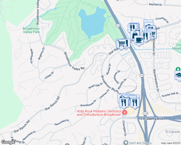 map of restaurants, bars, coffee shops, grocery stores, and more near 4145 Autumn Heights Drive in Colorado Springs