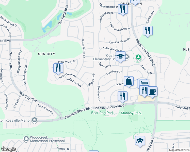 map of restaurants, bars, coffee shops, grocery stores, and more near 232 Trolleybell Court in Roseville