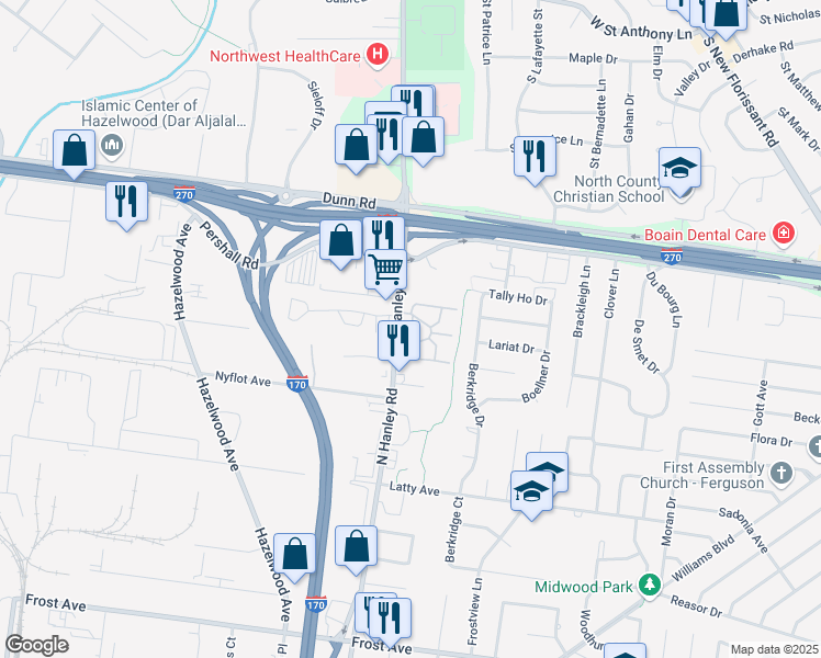 map of restaurants, bars, coffee shops, grocery stores, and more near 726 Morningaire Circle in Hazelwood