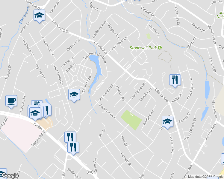 map of restaurants, bars, coffee shops, grocery stores, and more near 8545 Stonewall Road in Manassas