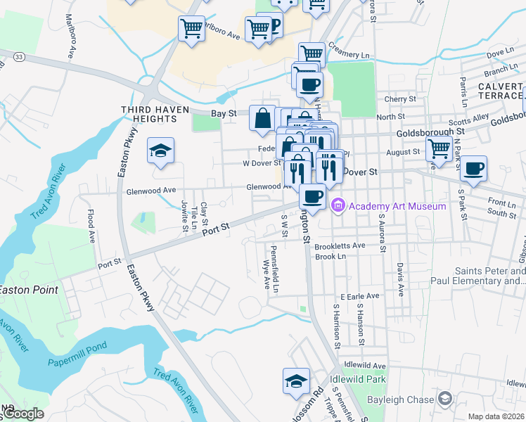 map of restaurants, bars, coffee shops, grocery stores, and more near 119 Port Street in Easton