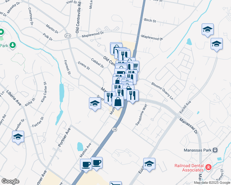 map of restaurants, bars, coffee shops, grocery stores, and more near 102 Manassas Drive in Manassas Park