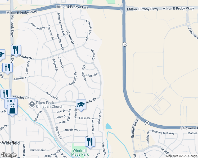 map of restaurants, bars, coffee shops, grocery stores, and more near 5470 Alturas Drive in Colorado Springs