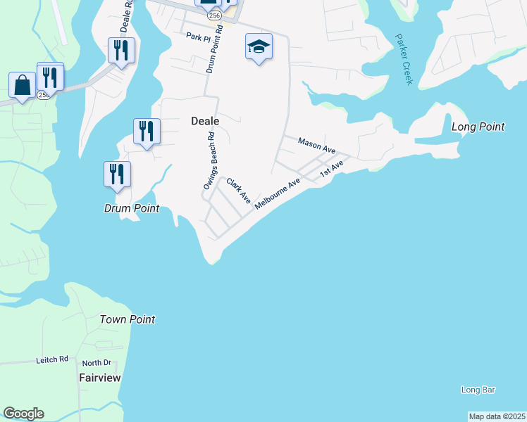 map of restaurants, bars, coffee shops, grocery stores, and more near 6051 Melbourne Avenue in Deale