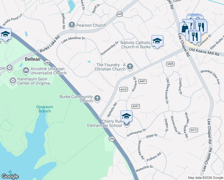 map of restaurants, bars, coffee shops, grocery stores, and more near 6511 Burke Woods Drive in Burke