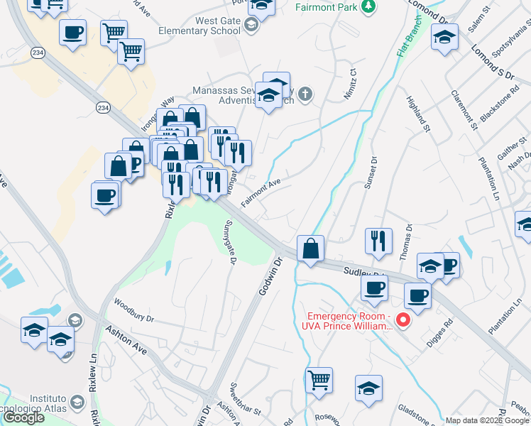map of restaurants, bars, coffee shops, grocery stores, and more near 8555 Fortrose Drive in Manassas