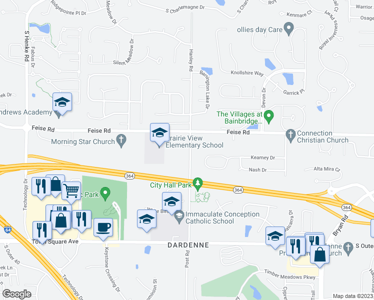map of restaurants, bars, coffee shops, grocery stores, and more near 1979 Hanley Road in O'Fallon