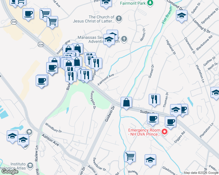 map of restaurants, bars, coffee shops, grocery stores, and more near 8555 Fortrose Drive in Manassas