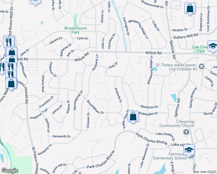 map of restaurants, bars, coffee shops, grocery stores, and more near 345 Westminster Drive in St. Peters
