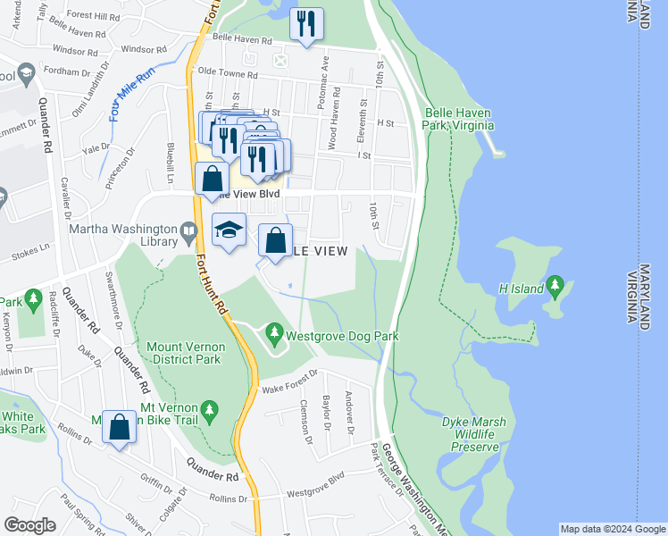 map of restaurants, bars, coffee shops, grocery stores, and more near 6621 East Wakefield Drive in Alexandria