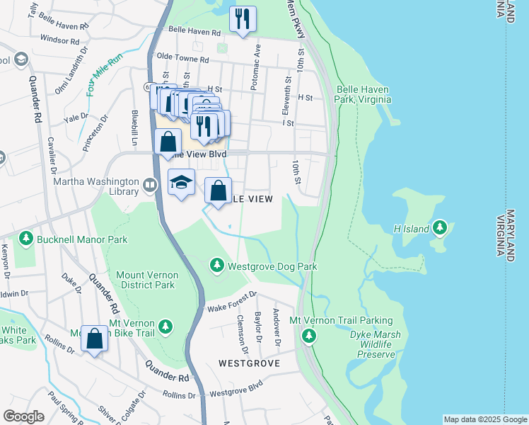 map of restaurants, bars, coffee shops, grocery stores, and more near 6621 Wakefield Drive in Alexandria