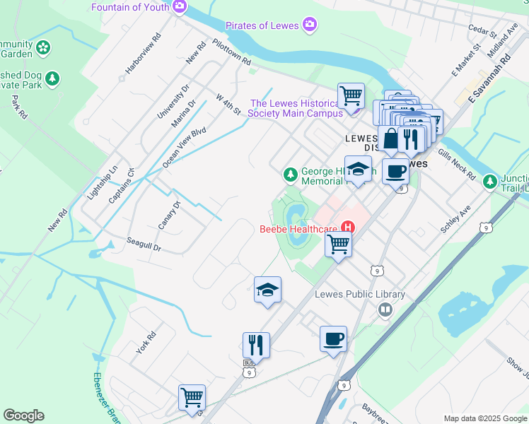 map of restaurants, bars, coffee shops, grocery stores, and more near 520 Dupont Avenue in Lewes