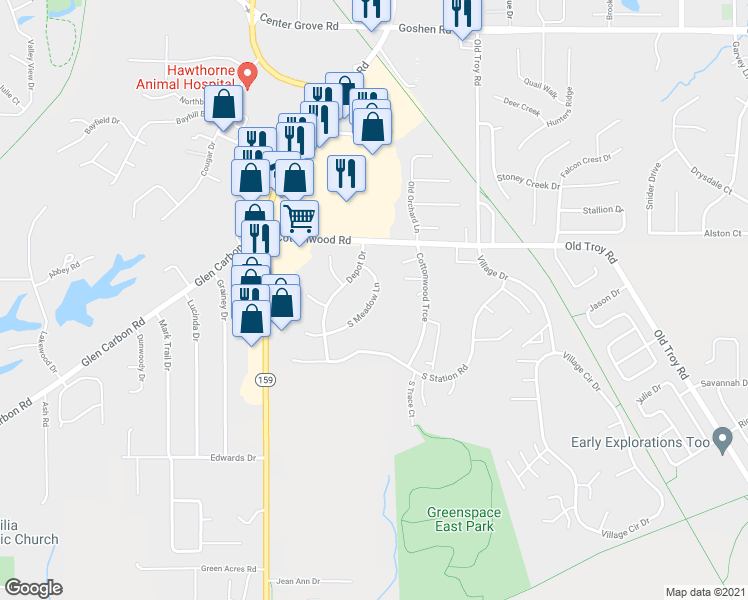 map of restaurants, bars, coffee shops, grocery stores, and more near 28 South Meadow Lane in Glen Carbon