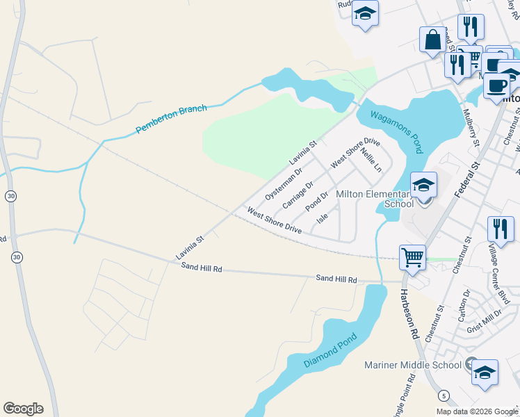 map of restaurants, bars, coffee shops, grocery stores, and more near 130 Oysterman Drive in Milton