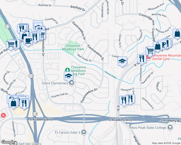 map of restaurants, bars, coffee shops, grocery stores, and more near 1428 Grass Valley Drive in Colorado Springs