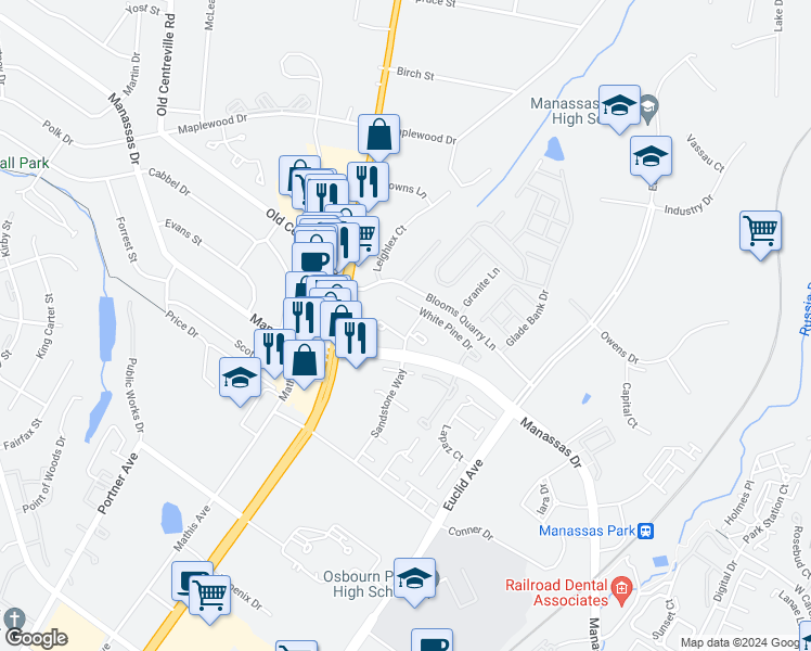 map of restaurants, bars, coffee shops, grocery stores, and more near 8464 Sandstone Way in Manassas Park