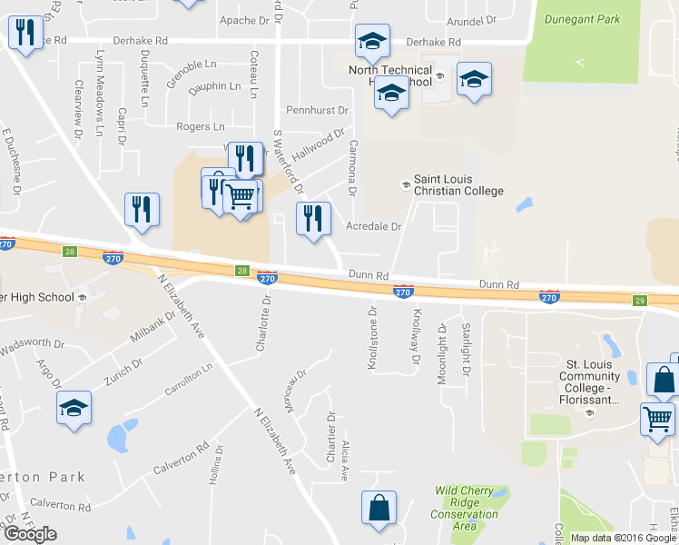 map of restaurants, bars, coffee shops, grocery stores, and more near Dunn Rd & S Waterford Dr in Florissant