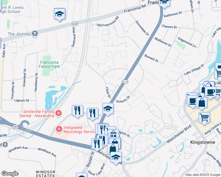 map of restaurants, bars, coffee shops, grocery stores, and more near 6248 Summit Point Court in Alexandria