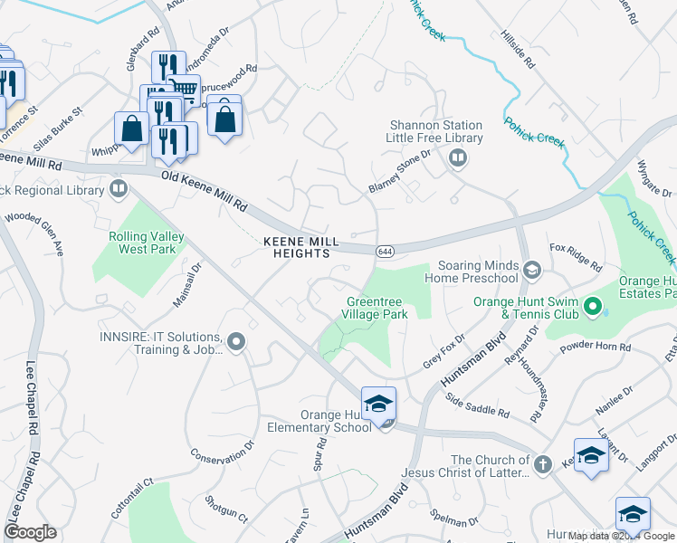 map of restaurants, bars, coffee shops, grocery stores, and more near 9017 Fox Grape Lane in Springfield