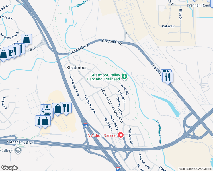 map of restaurants, bars, coffee shops, grocery stores, and more near 1202 Idylwood Drive in Colorado Springs