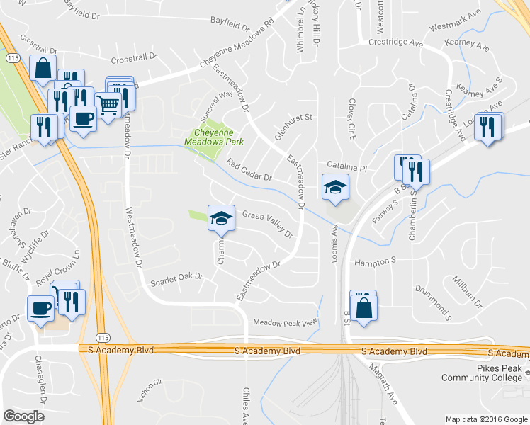 map of restaurants, bars, coffee shops, grocery stores, and more near 1428 Grass Valley Drive in Colorado Springs